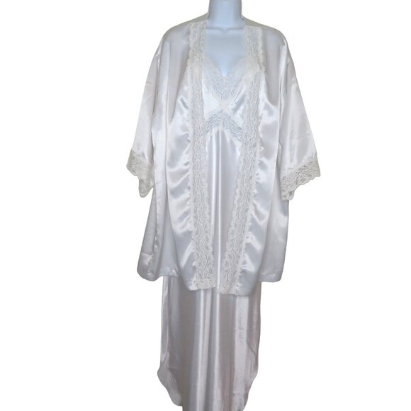 Vintage 80s White Lace Satin Slip Nightgown Robe Peignoir Set Wedding Honeymoon - Picture 12 of 16